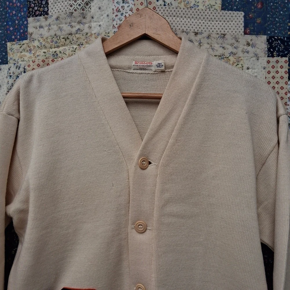 True Vintage Wilson Sports Letterman Varsity Cardigan Sweater Mens 42 Off White